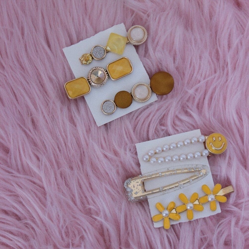 Yellow Summer Hair Clip Set Floral Daisy Pearl Smiley Face Geometric Barrettes